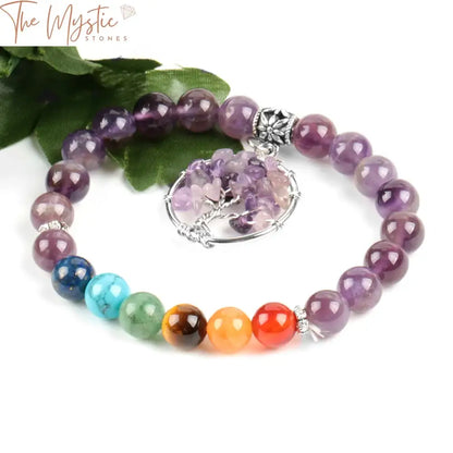 Amethyst Quartz Chakra Bracelet With Tree Of Life Charm