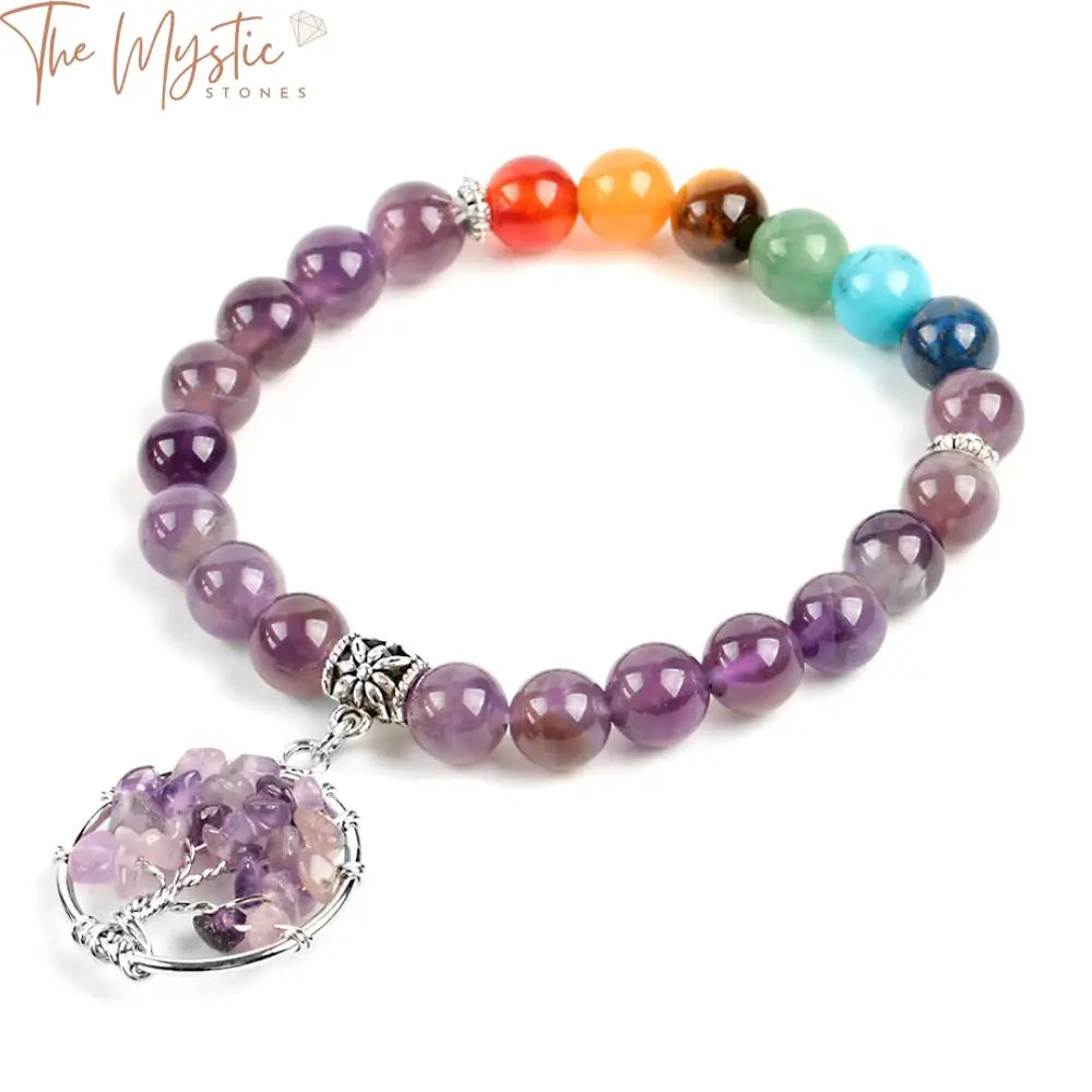 A bracelet made of 8mm natural purple quartz crystal beads, featuring amethyst chakra stones.