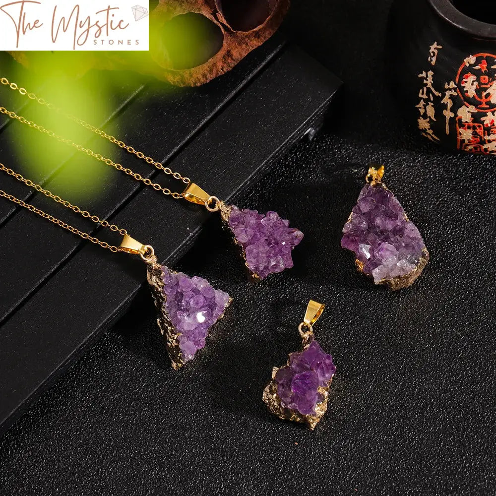 A natural raw amethyst quartz crystal cluster with a golden edge, designed as a druzy pendant.