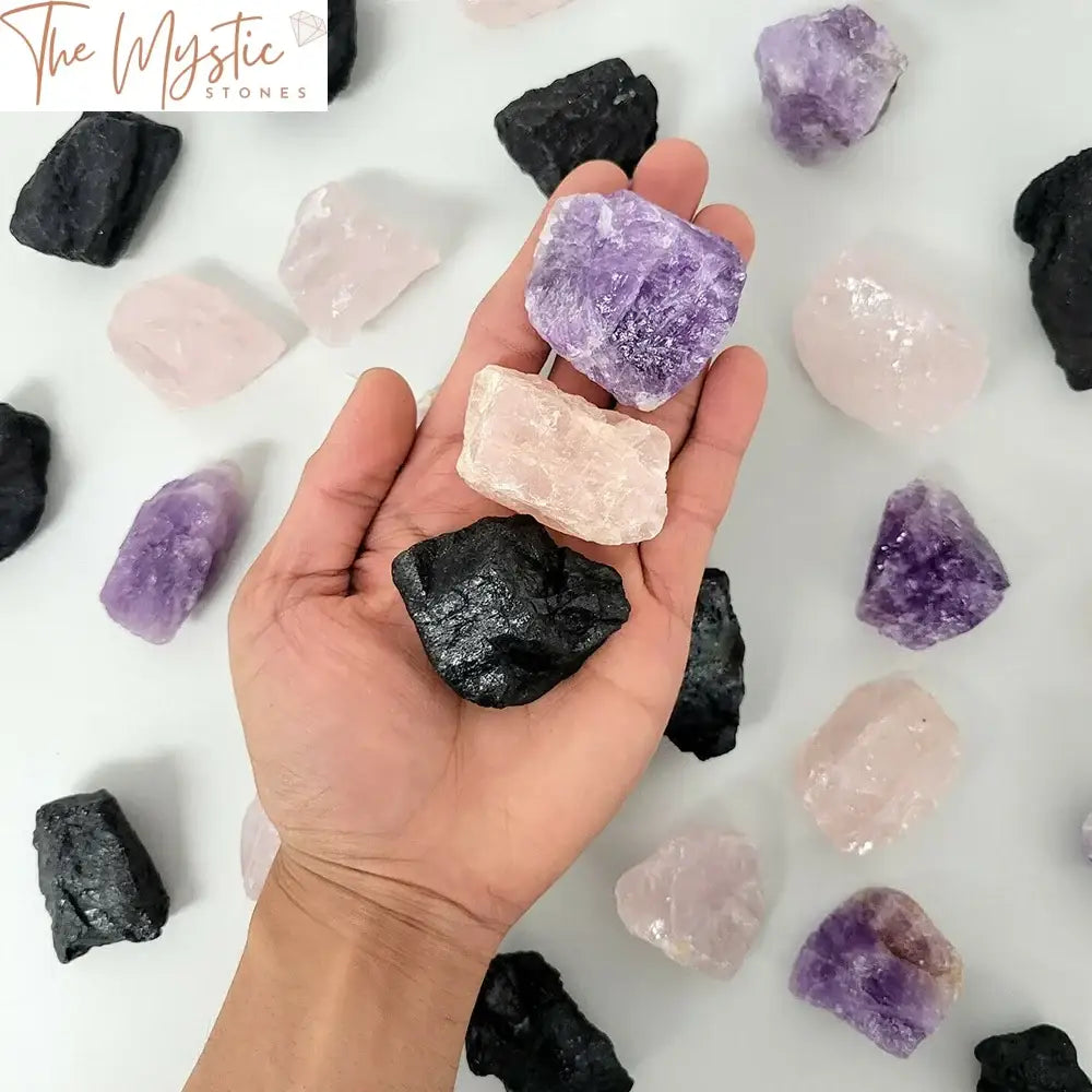 Amethyst Rose Quartz And Black Tourmaline Healing Crystal Set