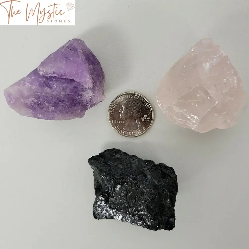 Amethyst Rose Quartz And Black Tourmaline Healing Crystal Set