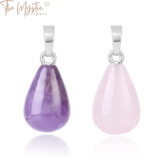 A pear-shaped pendant made of a smooth purple crystal hangs delicately from a simple chain.