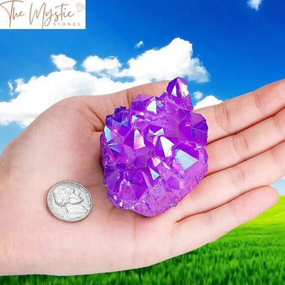 A single piece of natural amethyst coated with a titanium layer, displaying a vibrant purple hue.