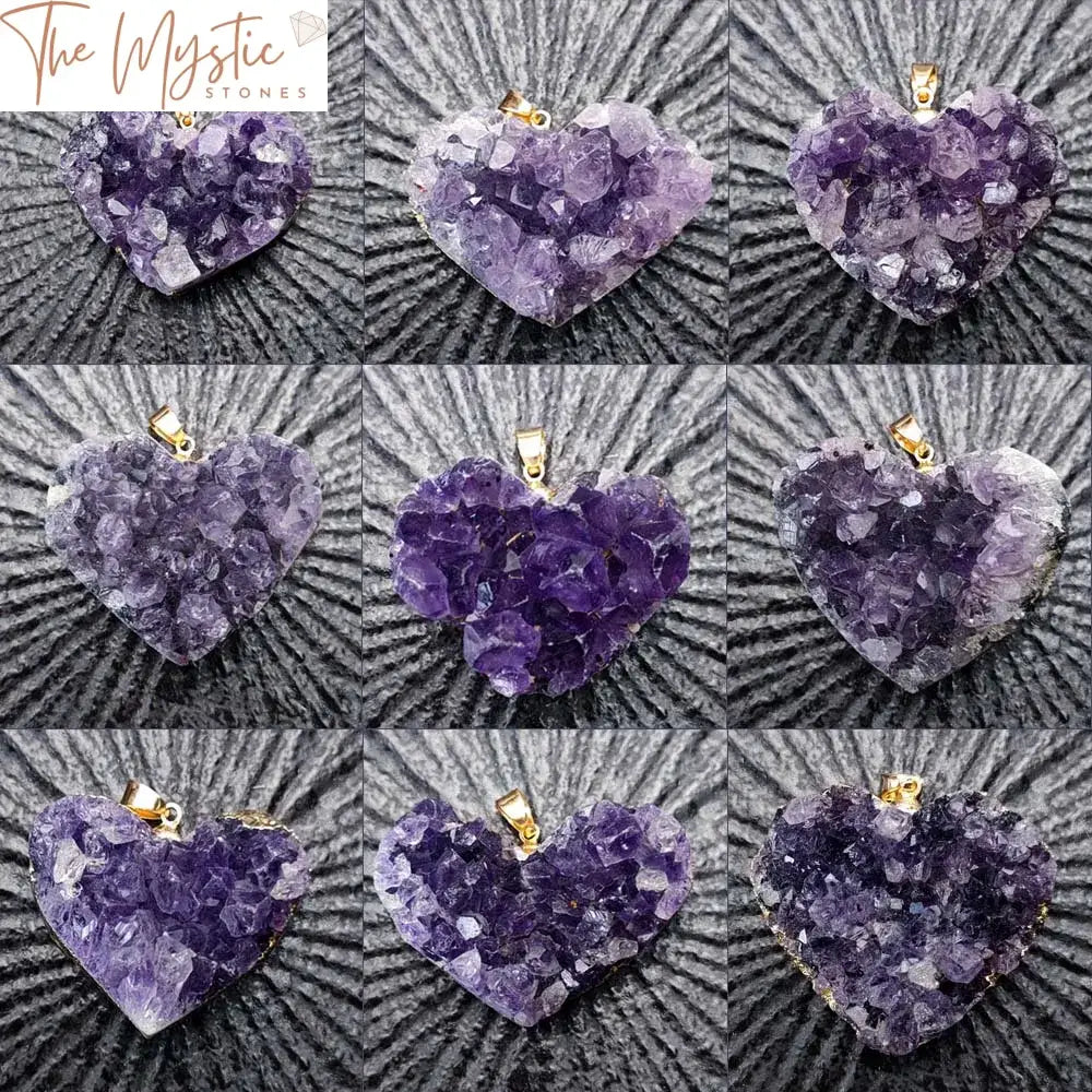 Amethyst & White Crystal Heart Pendant With Gold Edge