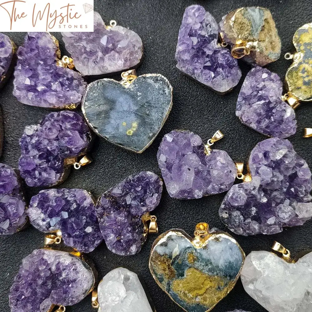 Amethyst & White Crystal Heart Pendant With Gold Edge