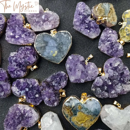 Amethyst & White Crystal Heart Pendant With Gold Edge