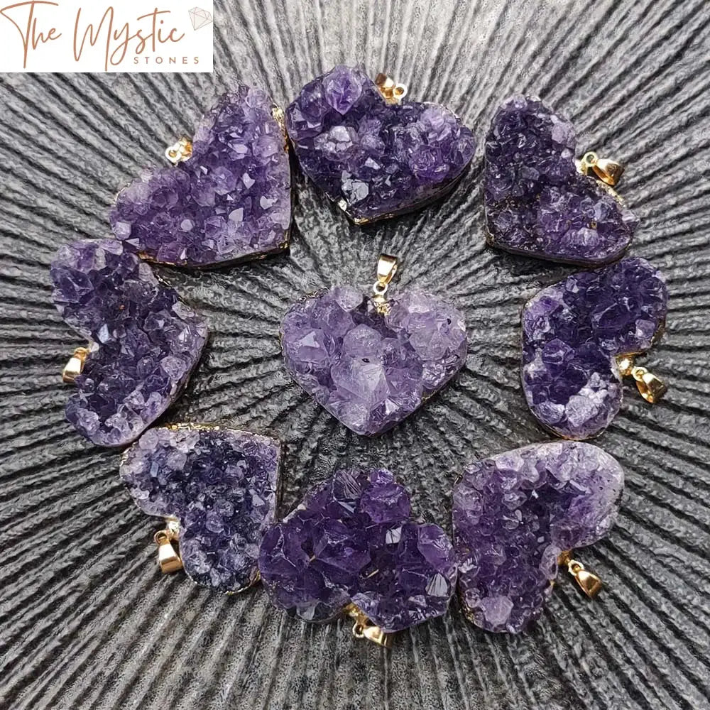 Amethyst & White Crystal Heart Pendant With Gold Edge