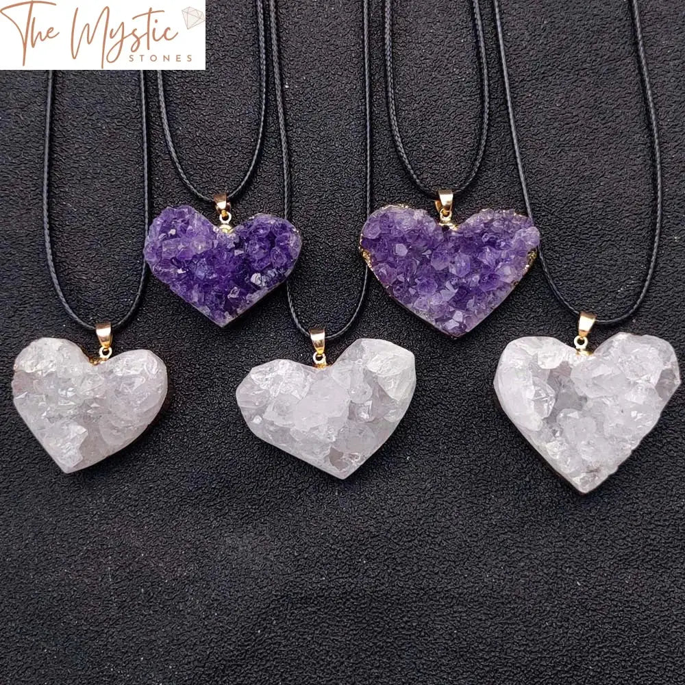 Amethyst & White Crystal Heart Pendant With Gold Edge