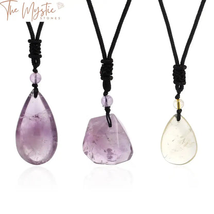 An irregular natural stone necklace featuring a variety of amethyst and rock crystal stones.