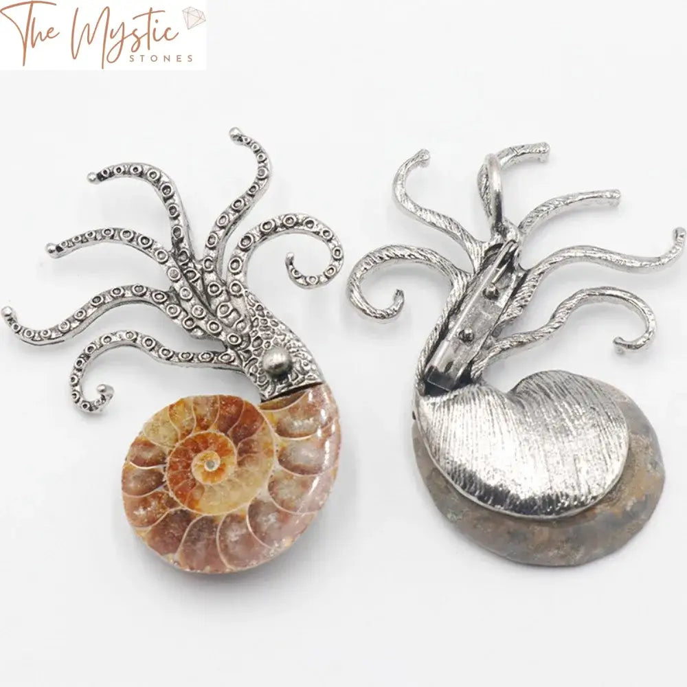 Ammonite Conch Shell Pendant & Octopus Brooch