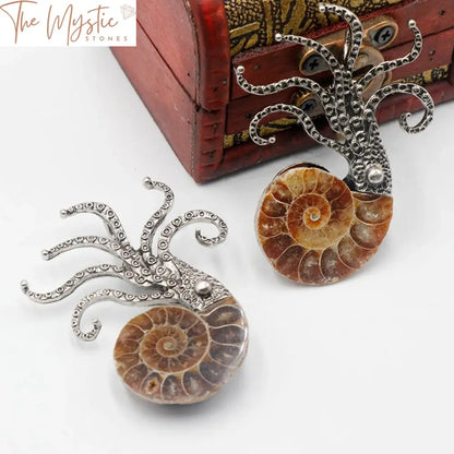 Ammonite Conch Shell Pendant & Octopus Brooch