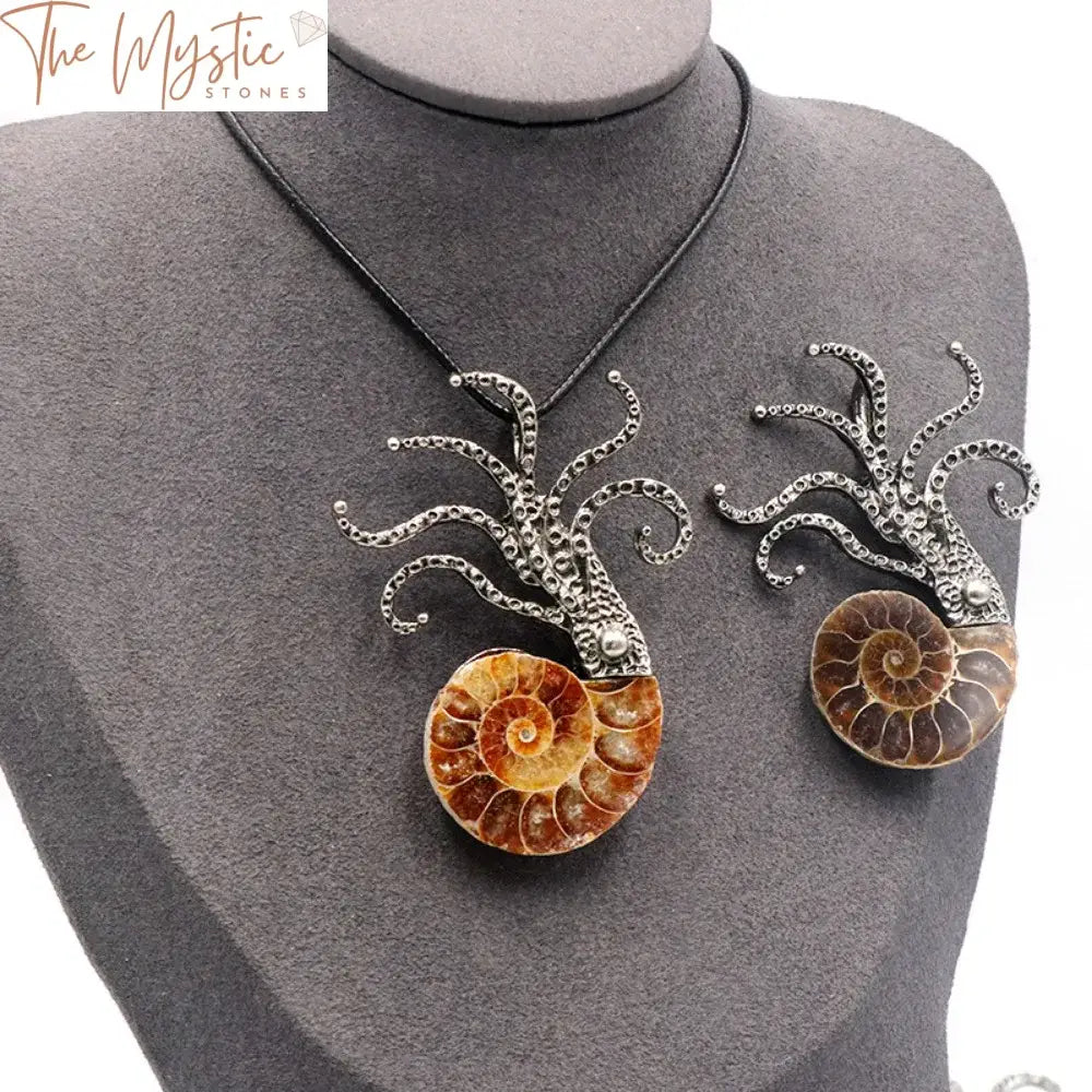 Ammonite Conch Shell Pendant & Octopus Brooch