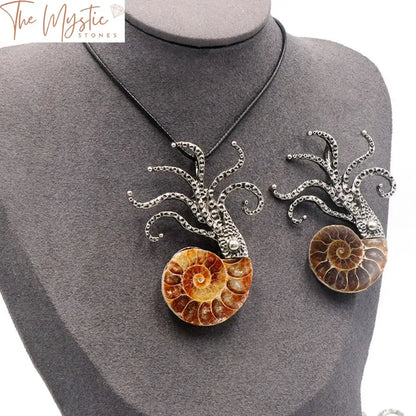 Ammonite Conch Shell Pendant & Octopus Brooch