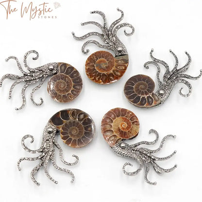 Ammonite Conch Shell Pendant & Octopus Brooch