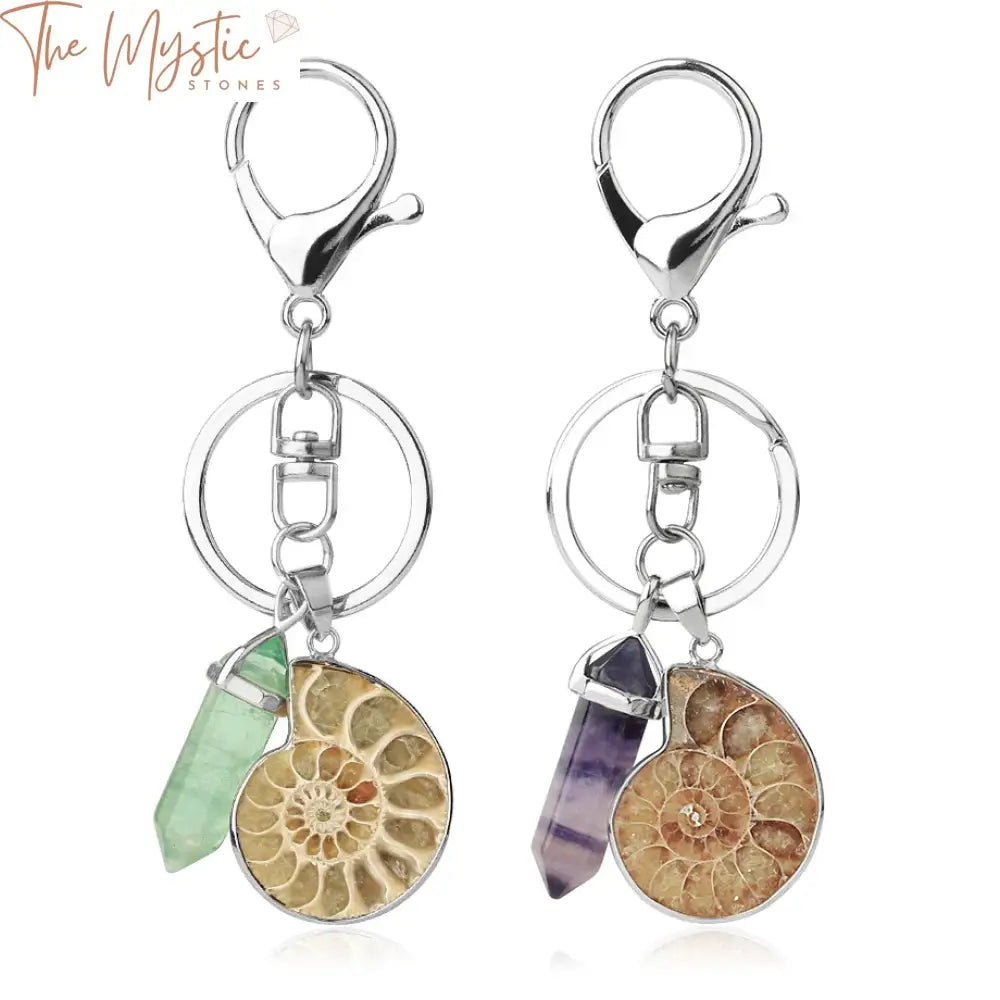 A collection of motorcycle-themed keychains featuring natural gemstones and ammonite shells.