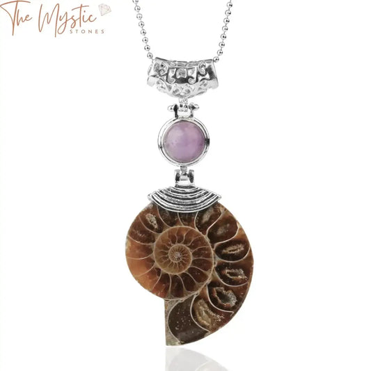 A striking necklace featuring a natural ammonite pendant, showcasing a half-cut snail shell design.