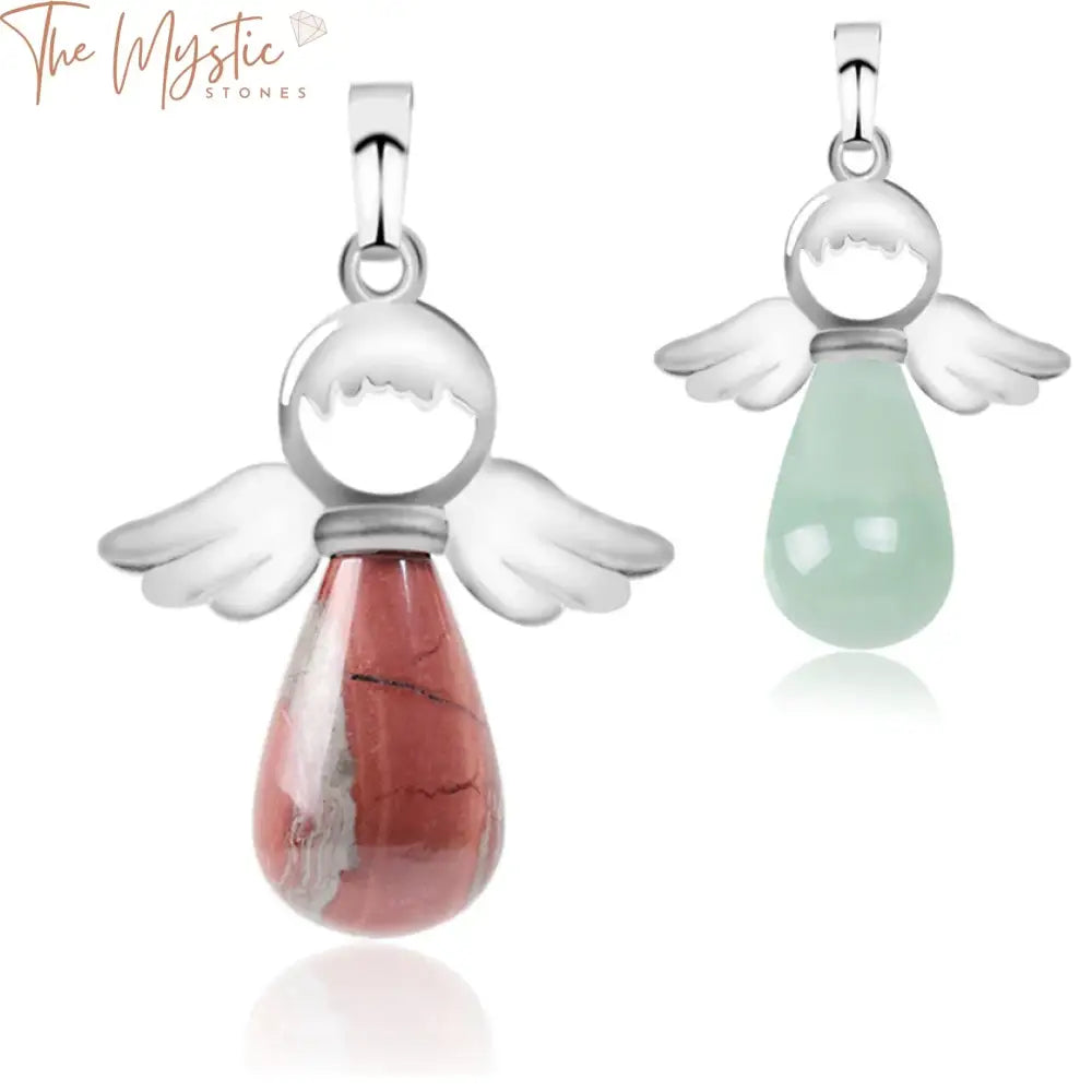 A collection of natural gemstone angel pendants designed for necklaces is displayed.