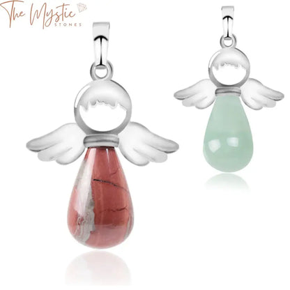 A collection of natural gemstone angel pendants designed for necklaces is displayed.