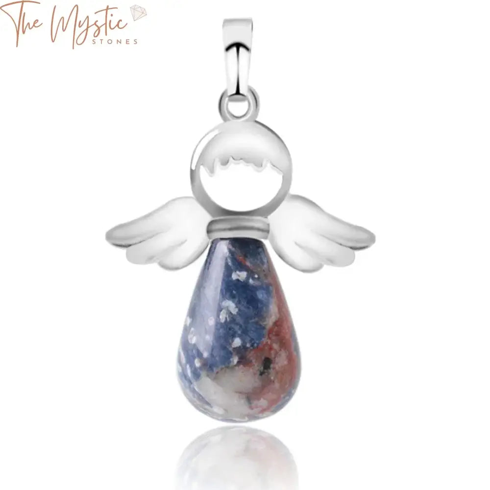 A collection of angel-shaped pendants crafted from natural gemstones, including pink quartz and aventurine, is displayed.