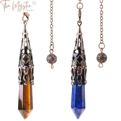 A crystal pendulum featuring a pointed quartz gemstone elegantly suspended from an antique bronze chain.