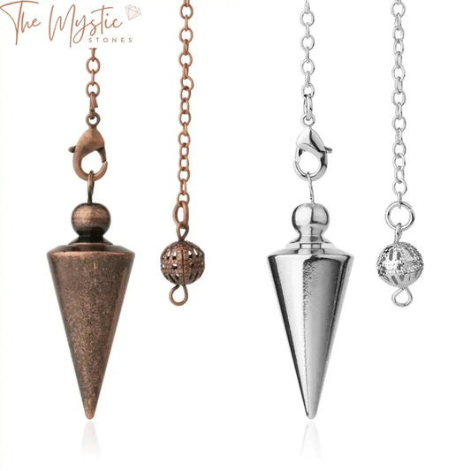 A beautifully crafted metal dowsing pendulum with an antique copper finish, designed in a sleek shuttle shape.