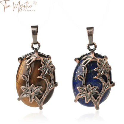 A collection of vintage egg-shaped pendants featuring natural crystal stones encased in antique copper-plated designs.