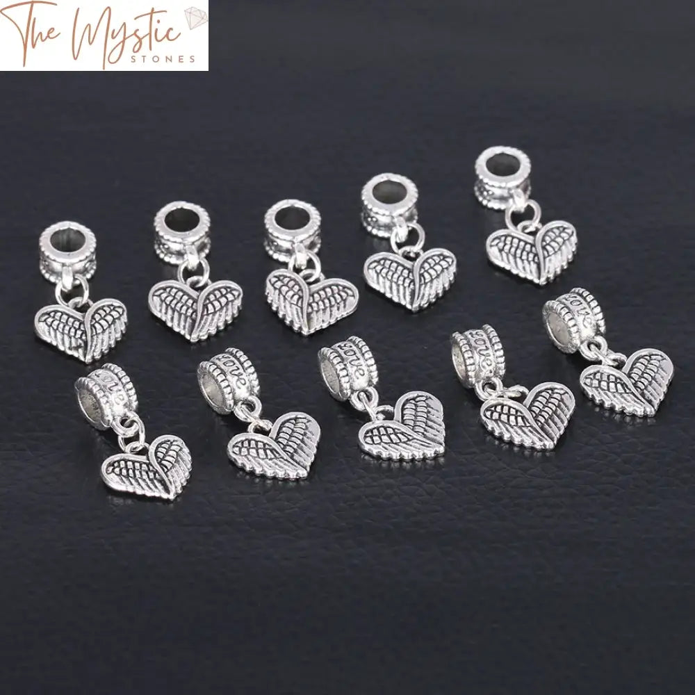 Antique Silver Angel Wings Heart Beads - 10Pc