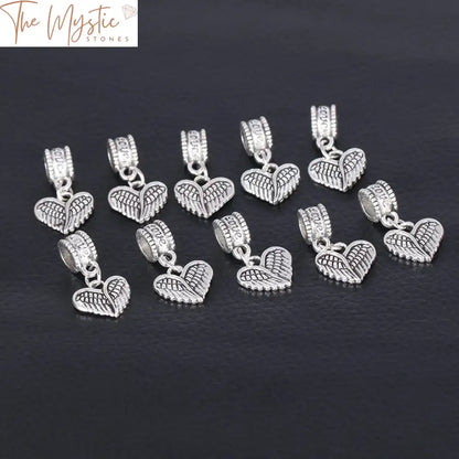 Antique Silver Angel Wings Heart Beads - 10Pc