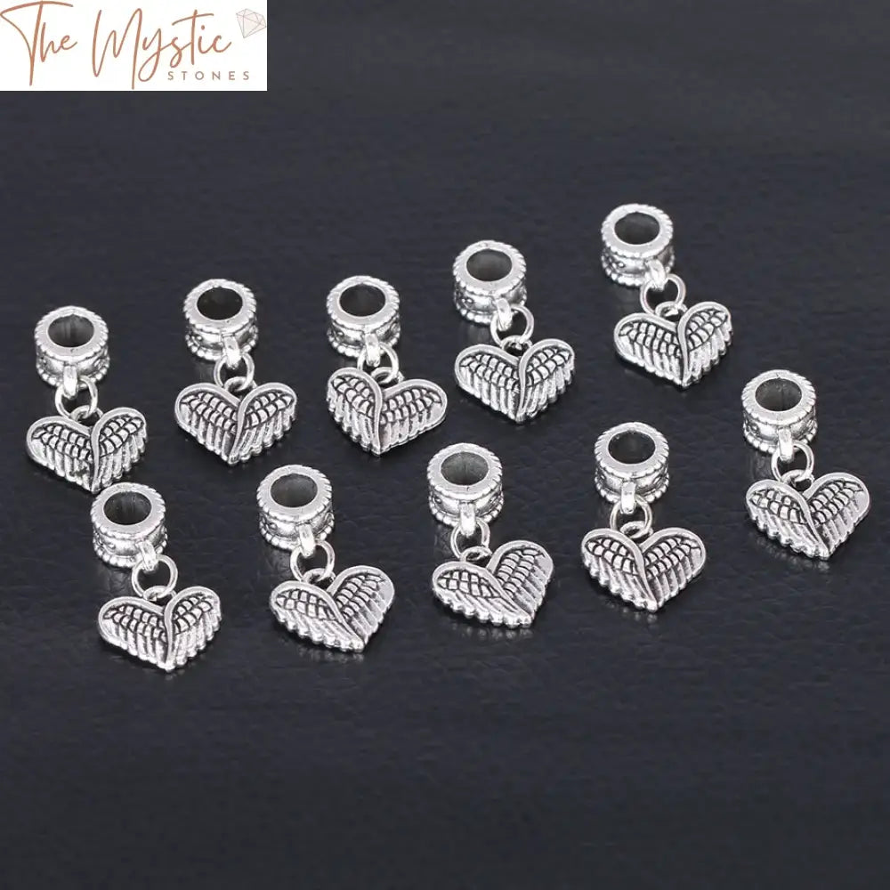 Antique Silver Angel Wings Heart Beads - 10Pc