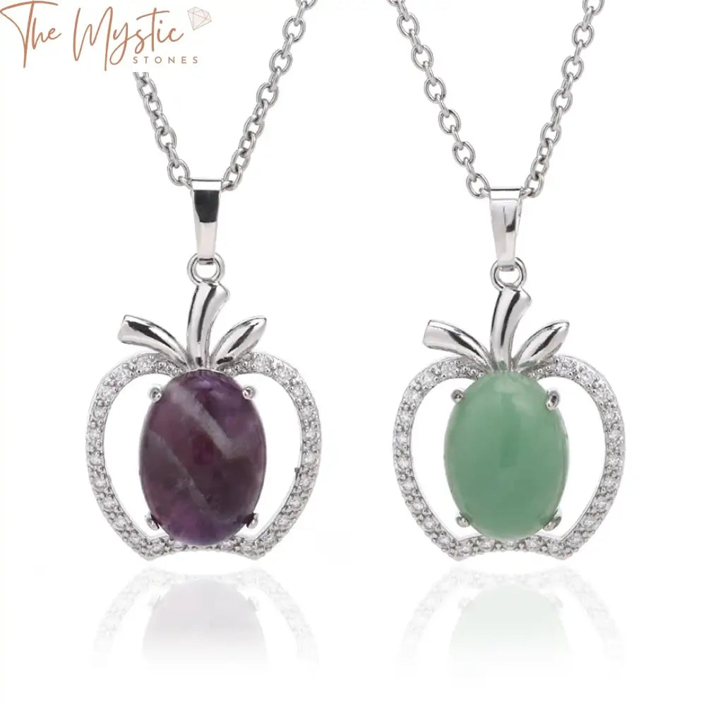 A natural stone apple-shaped pendant necklace featuring a polished egg-shaped crystal zircon in the center.