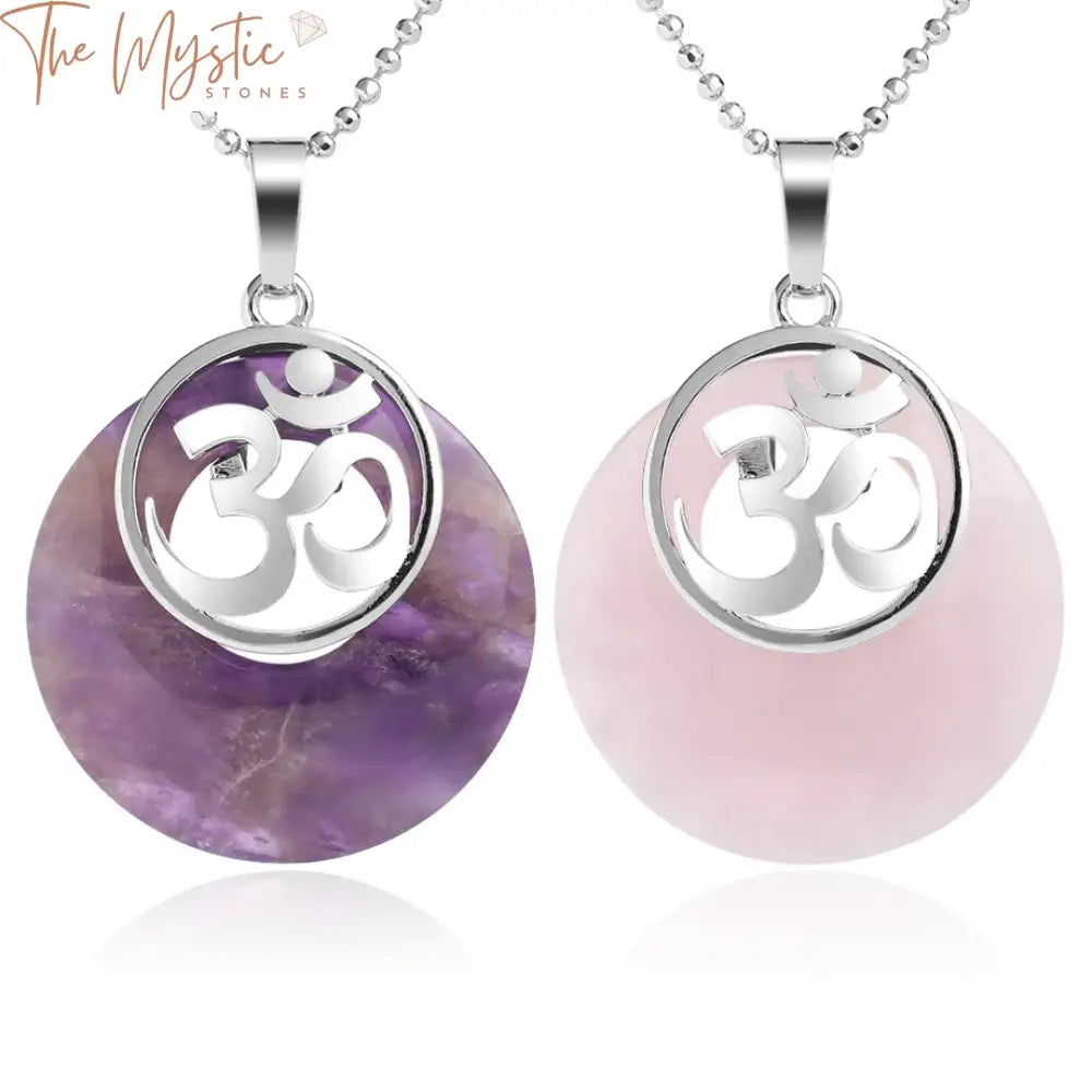 A collection of natural stone pendants and necklaces featuring a prominent 3D AUM symbol at the center.