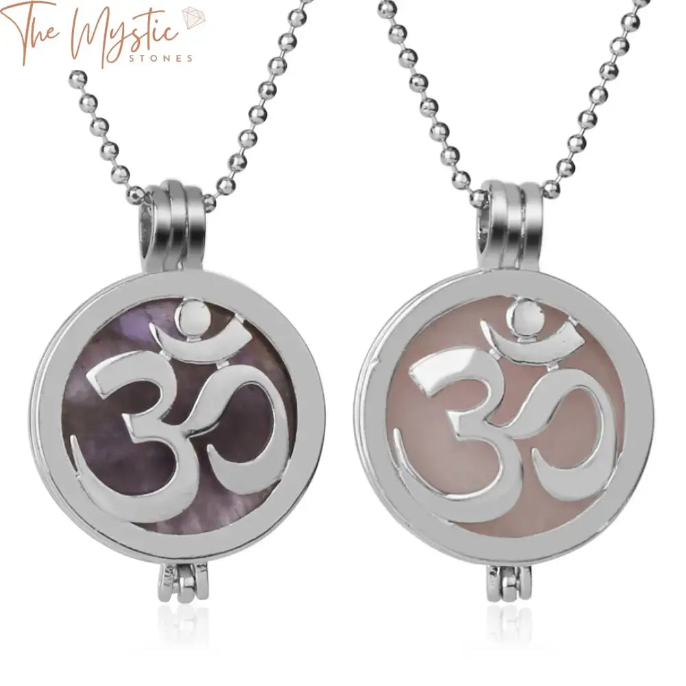 A 3D pendant necklace is displayed with a hollow locket design featuring a central AUM symbol.