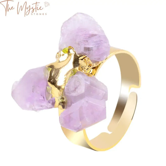 A close-up image of a gold-color irregular natural gemstone ring designed for ladies.