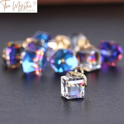 A set of ten cube-shaped crystal beads, each with a 2mm hole, made from Austrian glass.