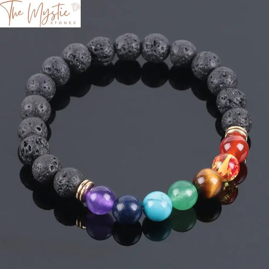 A collection of black lava volcanic stone bracelets showcased.