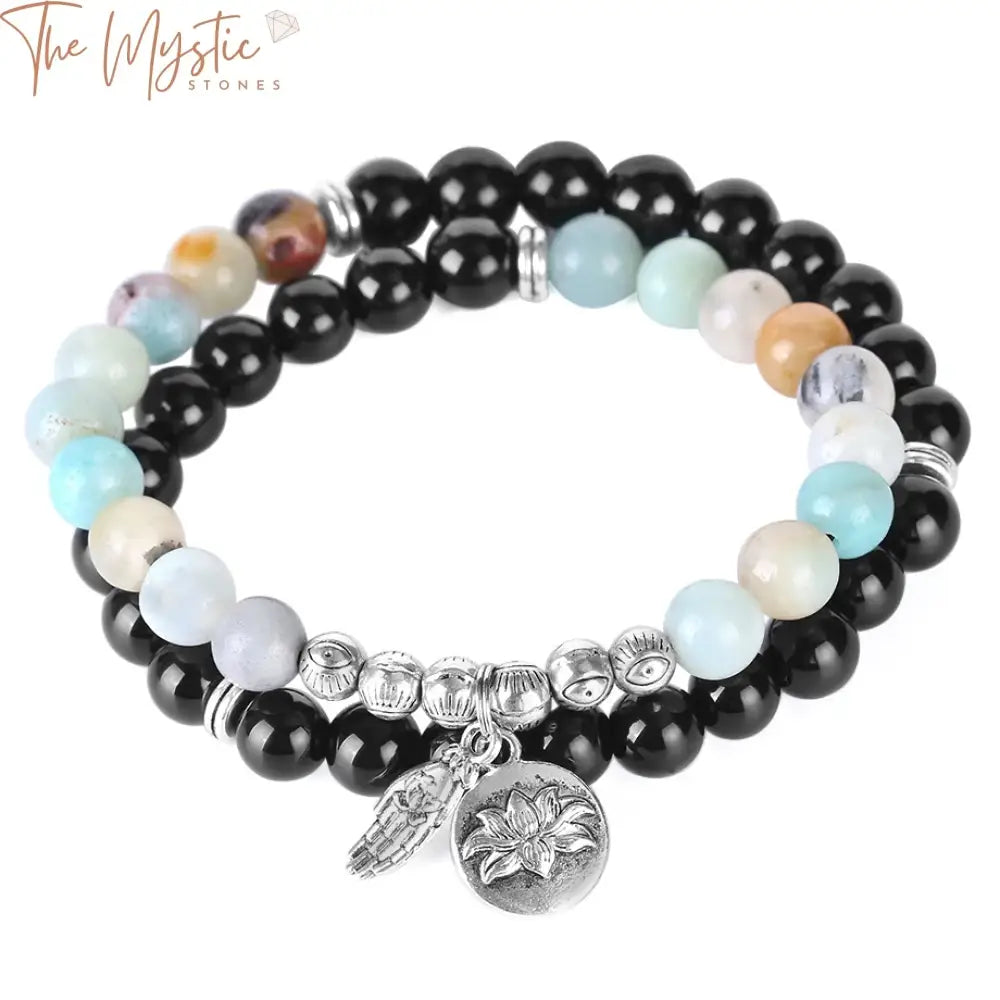 A double-layer bracelet featuring natural black obsidian beads and amazonite stones.