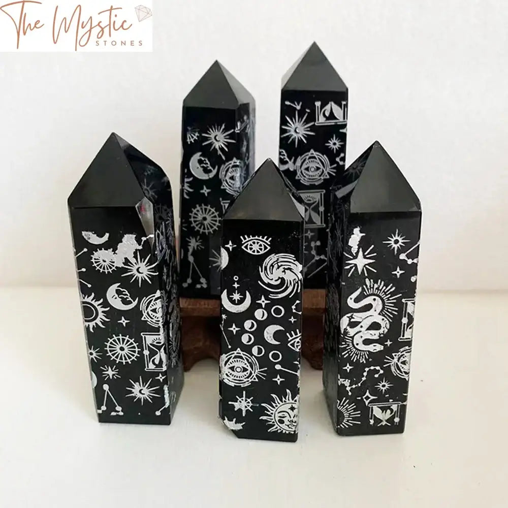 Black Obsidian Silver Rune Astrology Tower