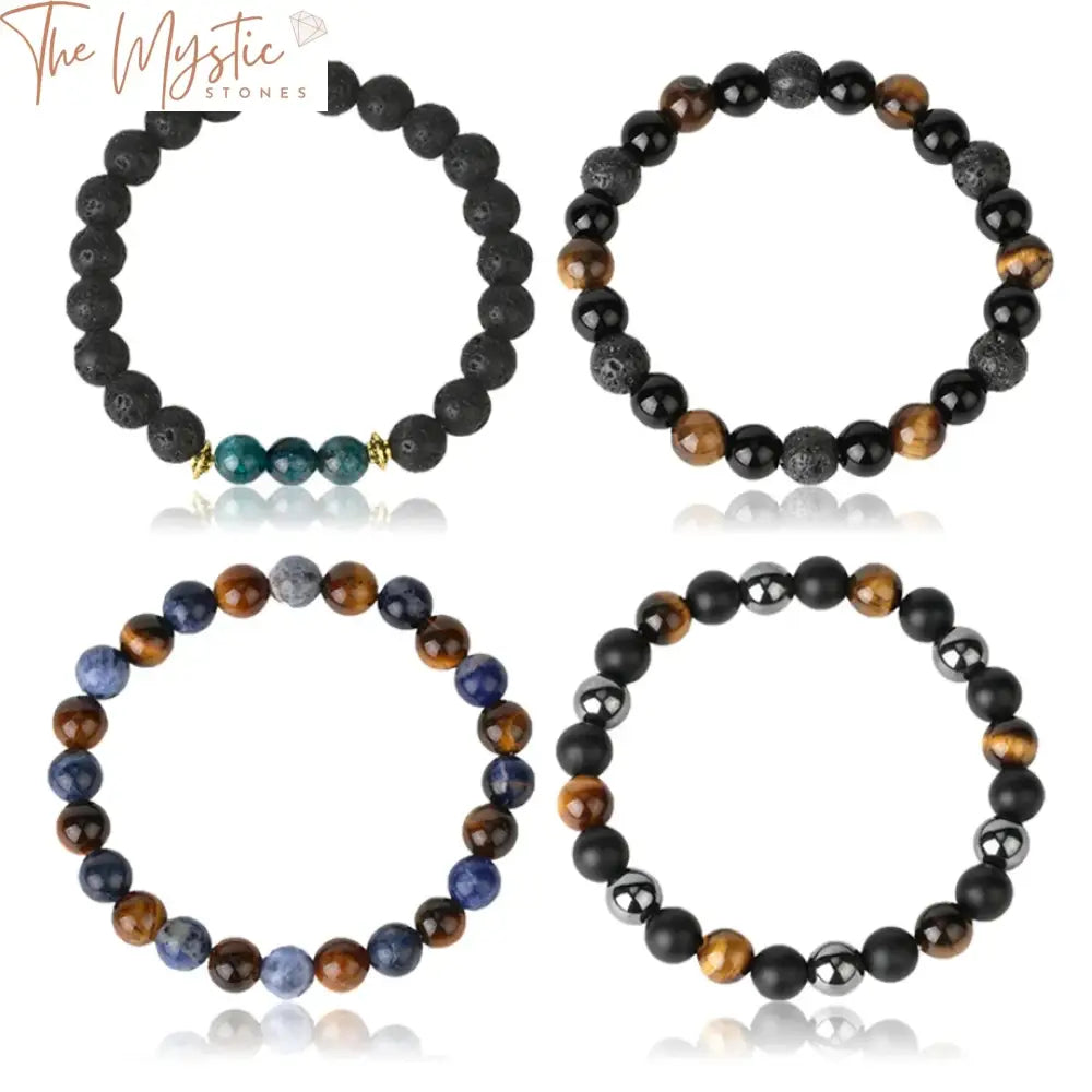 A pair of natural stone bracelets designed for couples, featuring a mix of black onyx, tiger eye, and hematite stones.