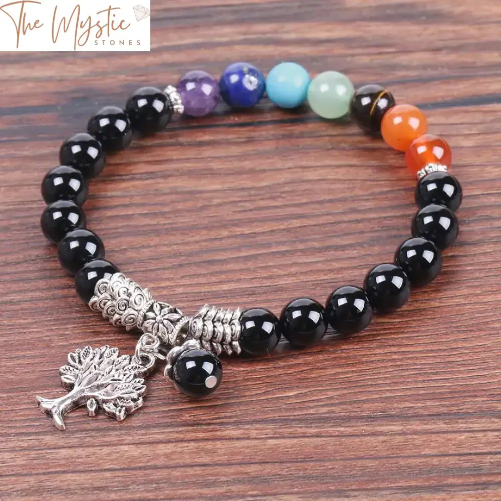 Black Onyx Chakra Bracelet With Tree Of Life Pendant