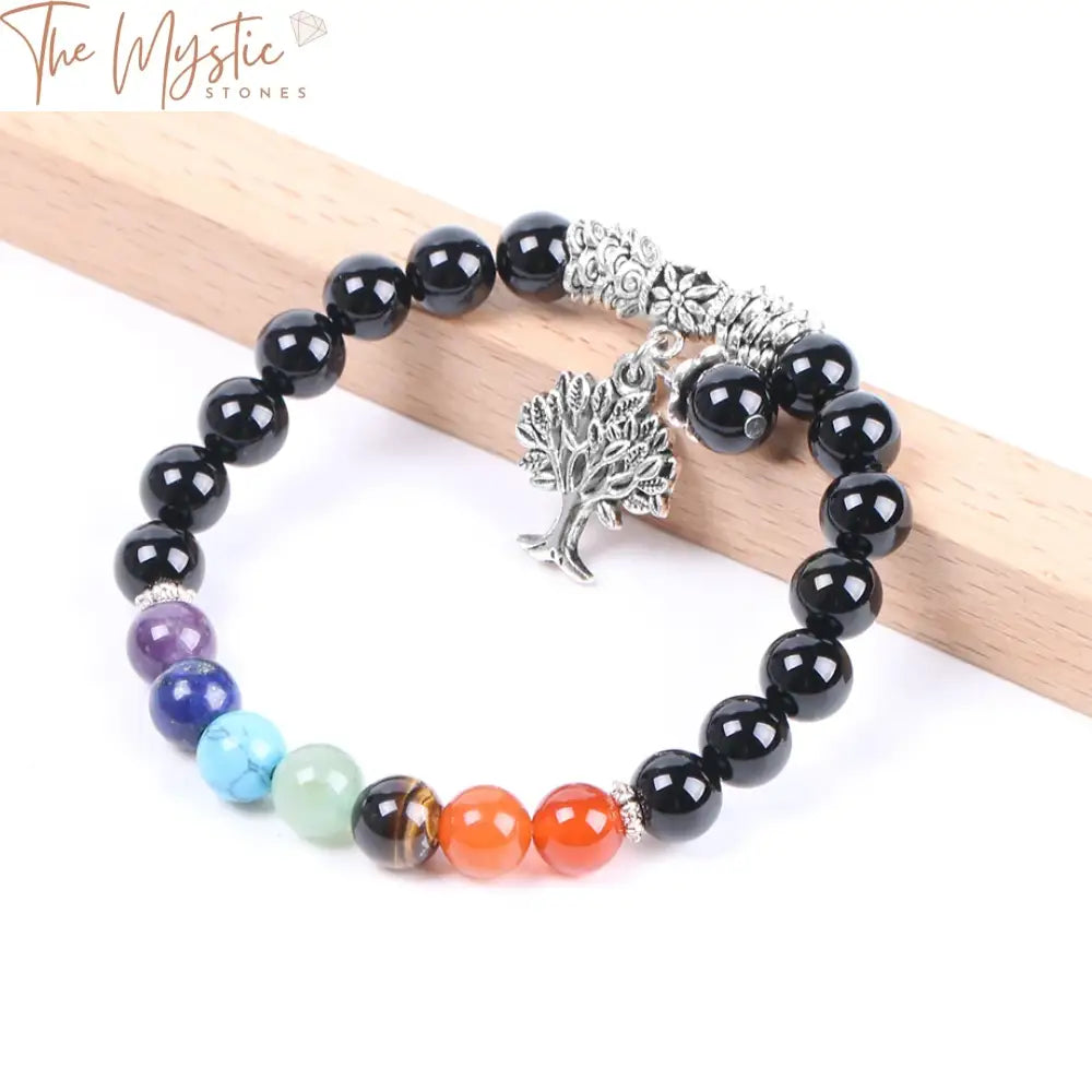 Black Onyx Chakra Bracelet With Tree Of Life Pendant