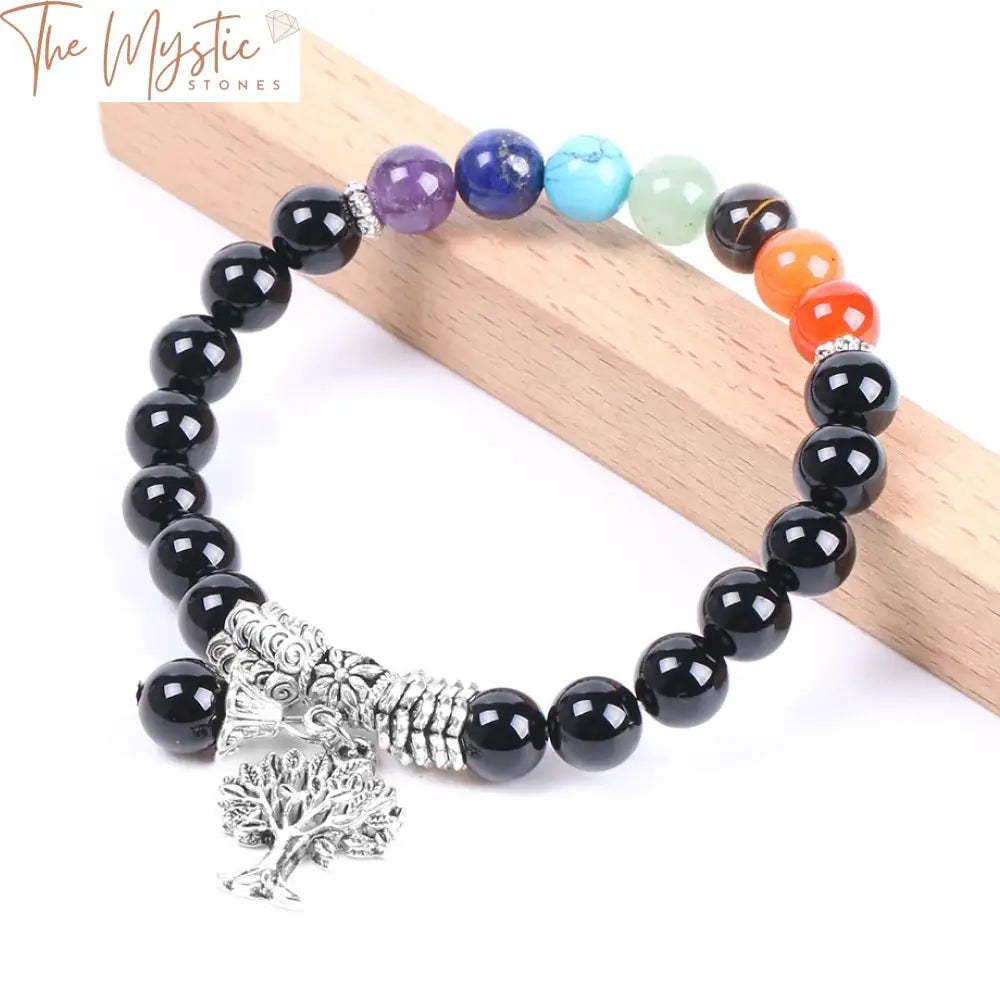 Black Onyx Chakra Bracelet With Tree Of Life Pendant