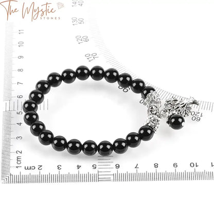 Black Onyx Mala Stretch Bracelet With Silver Tree Of Life Pendant