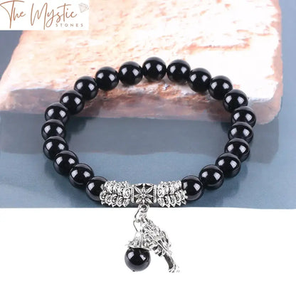 Black Onyx Mala Stretch Bracelet With Silver Tree Of Life Pendant