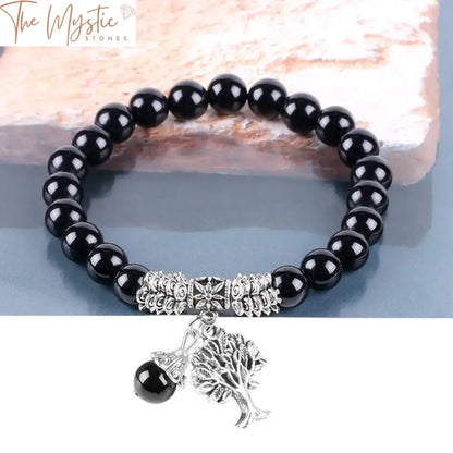 Black Onyx Mala Stretch Bracelet With Silver Tree Of Life Pendant