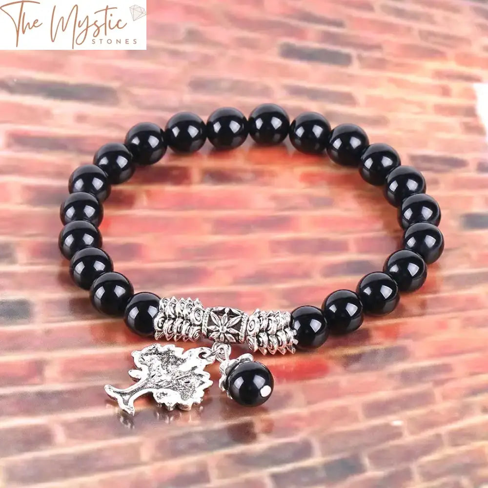 Black Onyx Mala Stretch Bracelet With Silver Tree Of Life Pendant