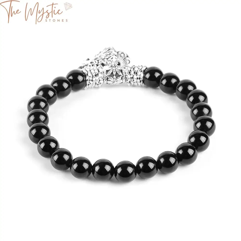 Black Onyx Mala Stretch Bracelet With Silver Tree Of Life Pendant