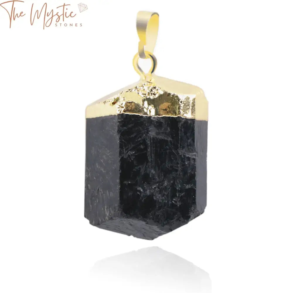 A polished black tourmaline gemstone pendant featuring a smooth, glossy surface with natural intricate patterns.