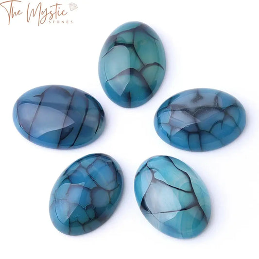 A collection of blue dragon veins agate cabochon beads in various sizes, including 18x25 mm, 25x35 mm, and 30x40 mm.