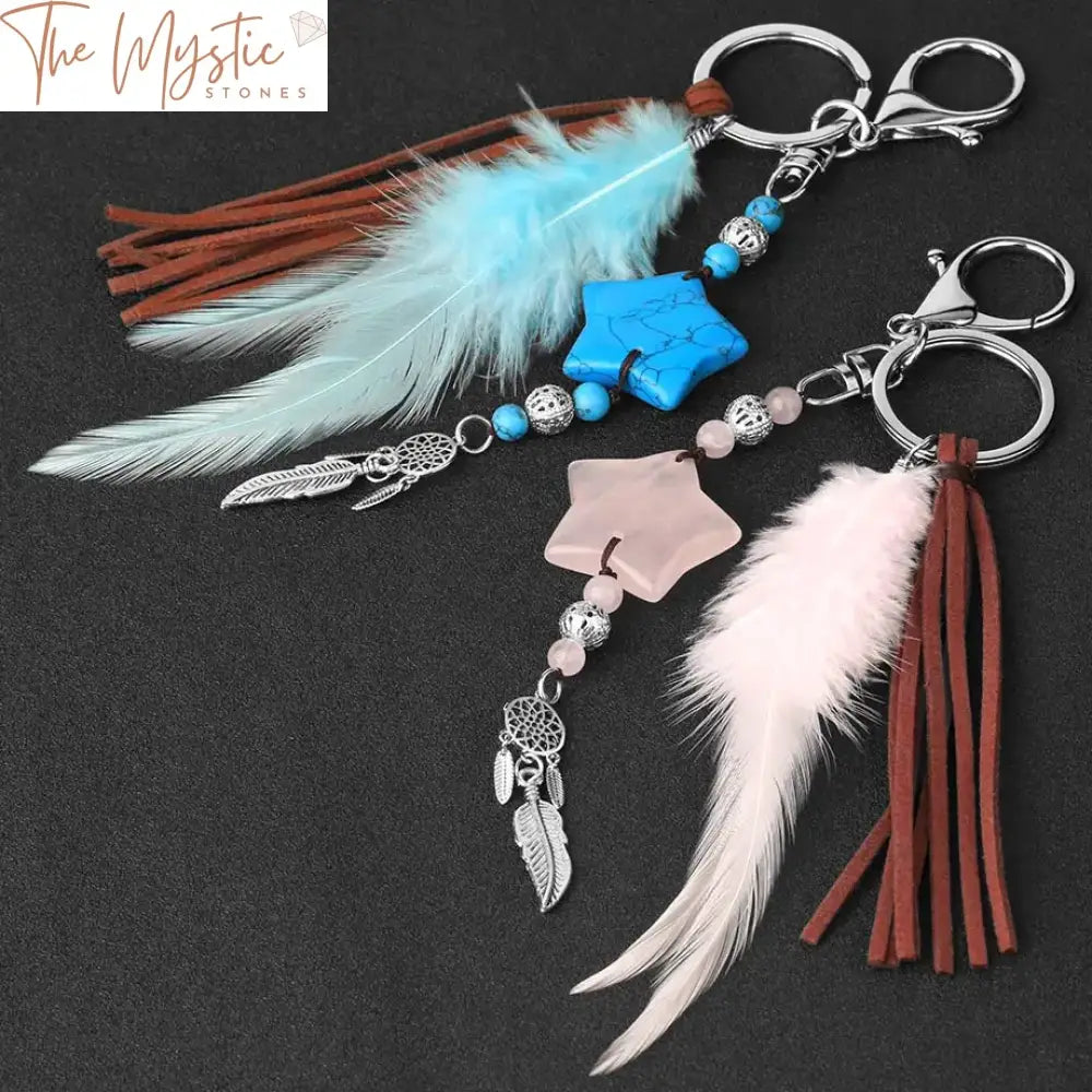 Blue Feather Pentagram Dream Catcher Keychain