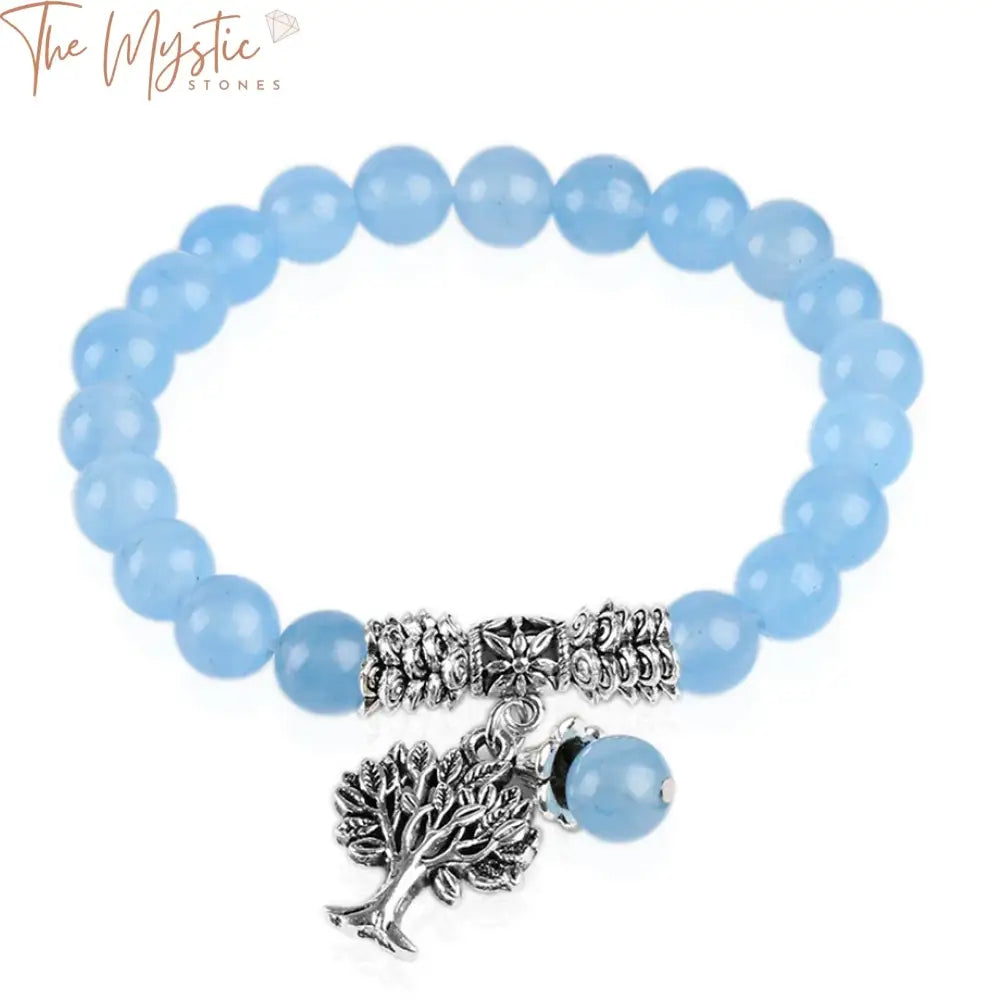 A series of natural blue gemstone crystal bracelets featuring mala rosary beads arranged in a circular pattern.